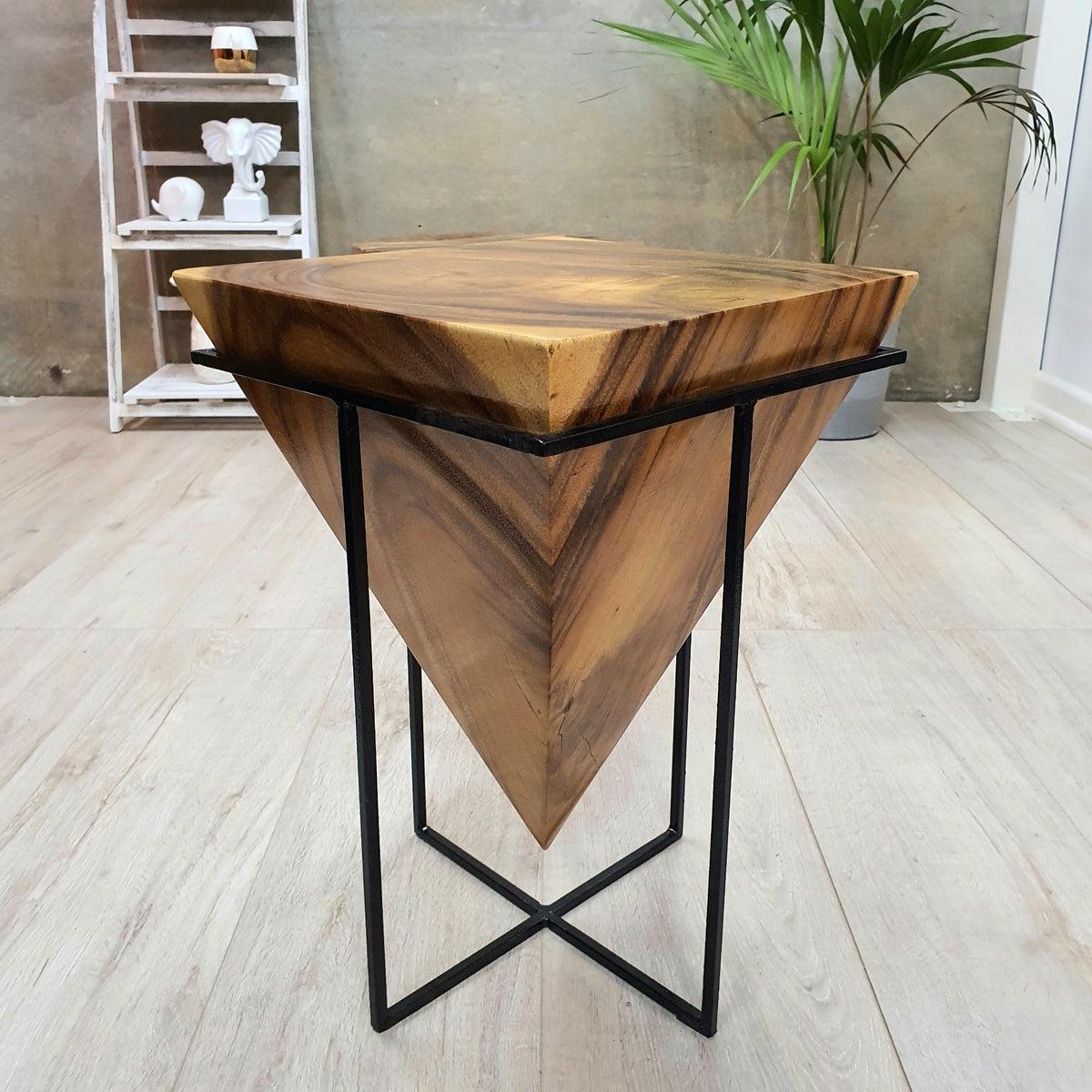 Elegant Pyramid Side Table- Raintree Wood Natural Finish